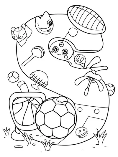 Coloring page with a big letter S and a soccer ball
