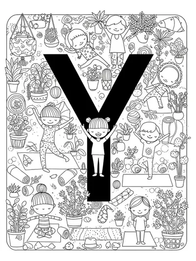 A challenging coloring page showing the letter Y among kids performing yoga poses, mats, mandalas, and plants for elementary kids.