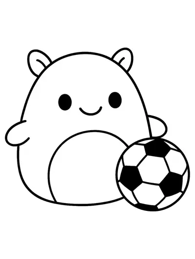 Cheerful Squishmallow with a soccer ball, simple sports-themed coloring page.