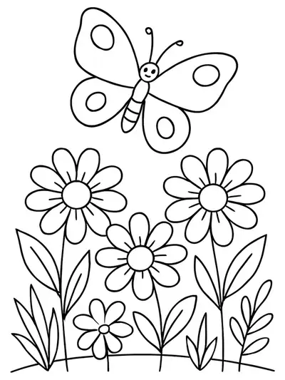 Easy butterfly coloring page with a butterfly hovering over spring flowers for kids.
