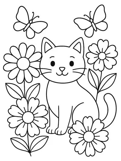Easy preschool coloring page of a cat with flowers and butterflies in a garden