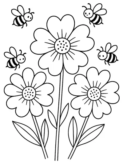 Simple coloring page with large spring flowers and bees, easy for children.