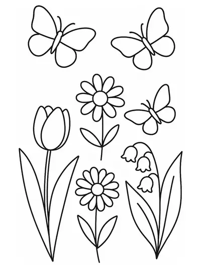 Easy coloring page of spring flowers and butterflies with simple outlines, designed for elementary kids.