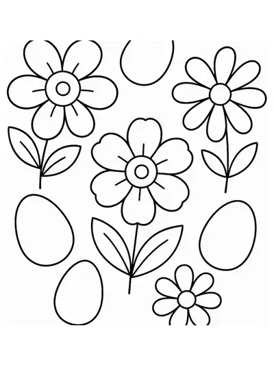 Easy coloring page with big spring flowers and large Easter eggs.