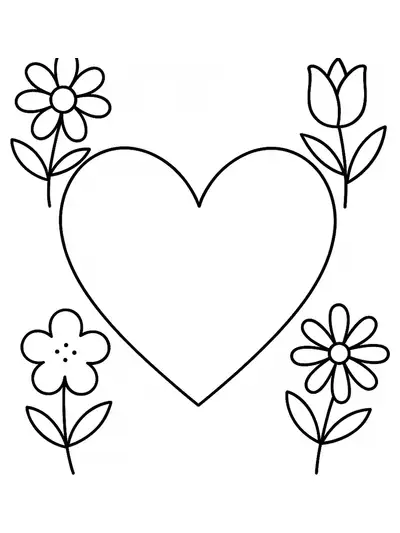 Large heart surrounded by four simple spring flowers, outlined for easy preschool coloring.