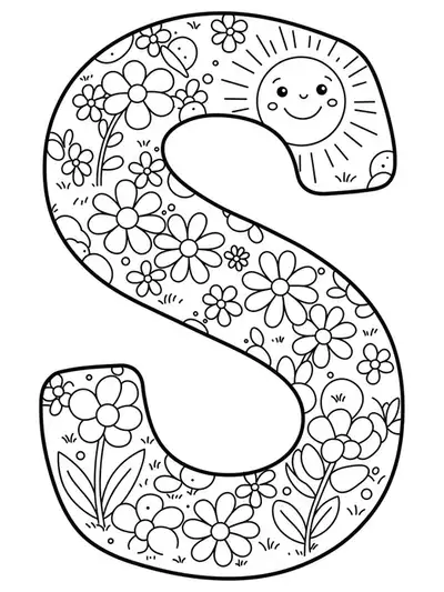 Large letter S surrounded by simple spring flowers and a sun, outlined for coloring.