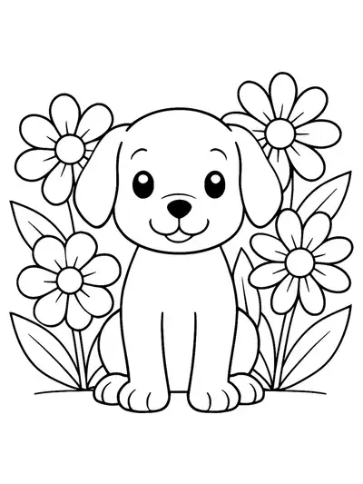 Outline of a puppy sitting with large spring flowers around, simple shapes for easy coloring