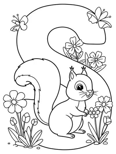 Coloring page with a big letter S, squirrel, and spring flowers