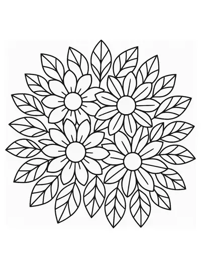 Easy spring flower mandala with large petals and leaves for elementary coloring.