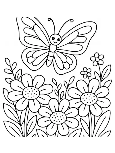 Simple black and white butterfly flying over large spring flowers, easy outlines for preschool coloring