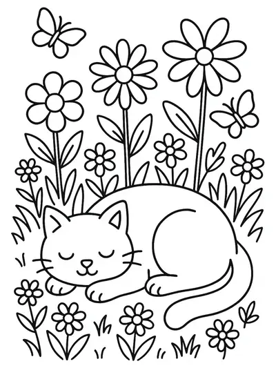 Cat napping in a flower garden with butterflies flying nearby