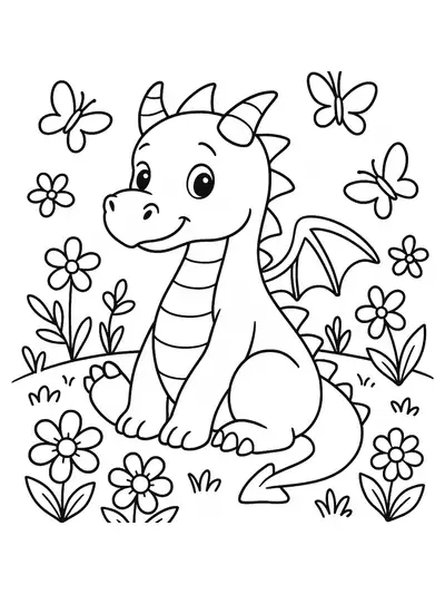 A smiling dragon sitting among flowers and butterflies with simple, easy-to-color outlines.