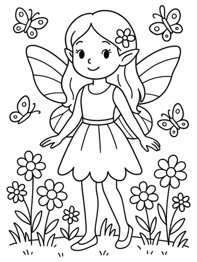 Easy coloring page of a fairy in a spring garden with flowers and butterflies for elementary kids
