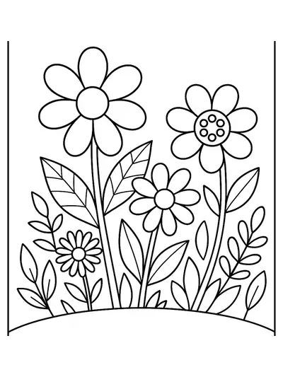 Simple line art of a spring garden with large flowers and leaves for preschool coloring.