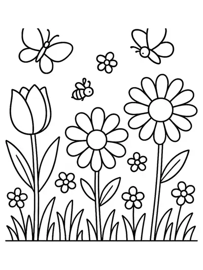 Easy nature-themed coloring page with big flowers, butterflies, and bees for elementary children.