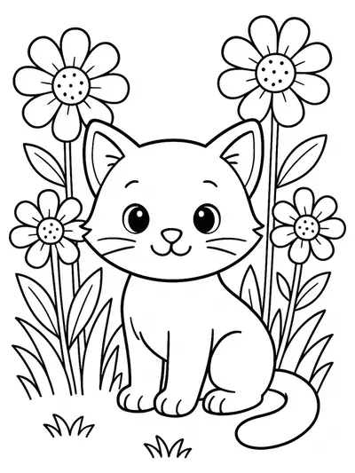Simple kitten in a garden with big spring flowers, easy coloring page for preschoolers