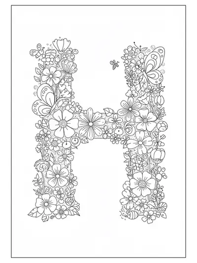 Letter H with medium-level floral and butterfly decorations for spring-themed coloring.