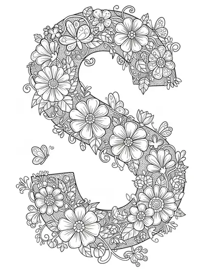 Spring garden-themed letter S with detailed flowers, vines, and butterflies for hard coloring.