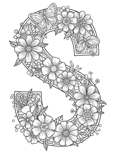 Intricate letter S with detailed spring flowers, butterflies, and leaves for preschoolers to color
