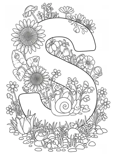 Coloring page with a large letter S surrounded by sunflowers, snails, and sprouting plants.
