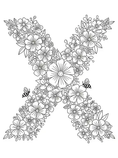 Letter X surrounded by spring flowers, bees, and butterflies, medium detail for elementary kids.
