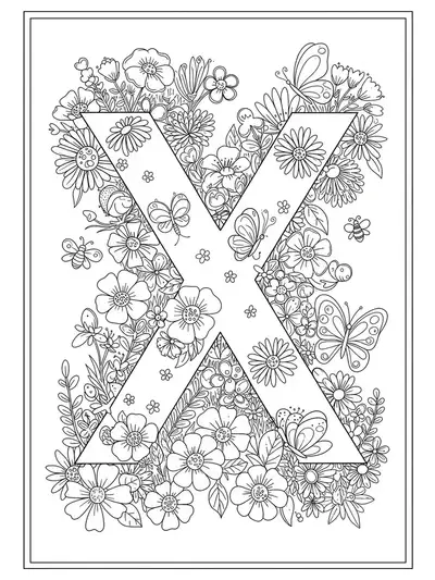 Letter X in a garden with detailed flowers, bees, and butterflies for coloring