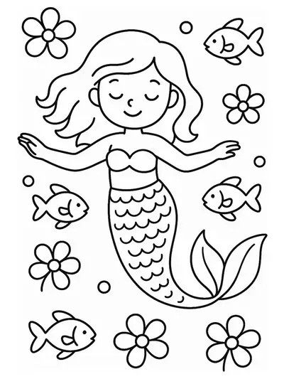 A mermaid swimming among blooming underwater flowers and fish, easy coloring page.