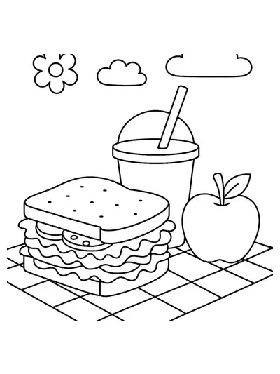 Easy coloring page of a sandwich, juice box, and apple for a spring picnic scene