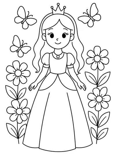 Preschool coloring page of a princess in a flower garden with butterflies.