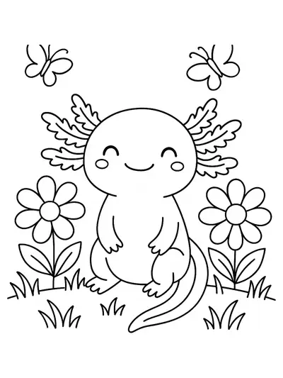 Simple axolotl outline in a field with big flowers and butterflies, easy for preschoolers