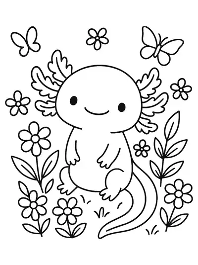 Easy spring axolotl coloring page with flowers and butterflies.