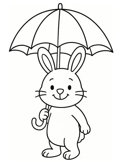 Coloring page of a bunny with a large umbrella, designed with simple lines for preschoolers