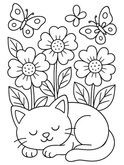 An easy coloring page with a cat sleeping among large flowers and butterflies.