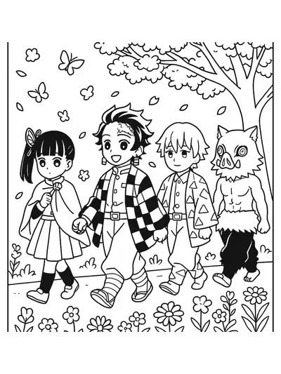 Demon Slayer characters walking among flowers and butterflies under trees in spring