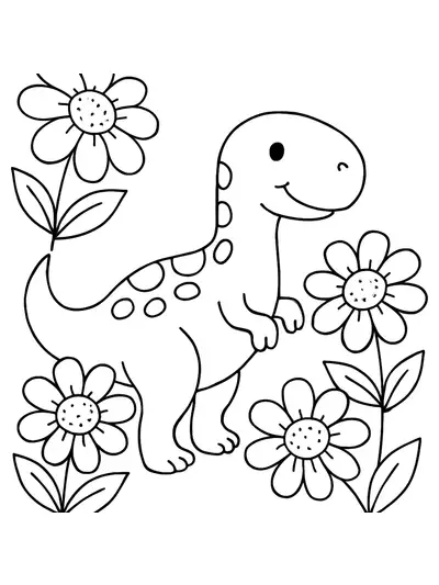 Preschool coloring page with dinosaur and simple spring flowers