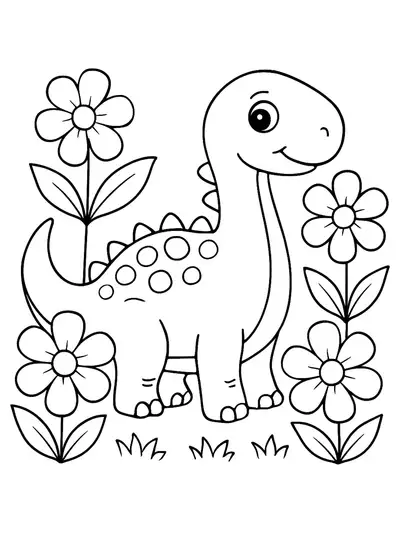 Simple dinosaur standing among large flowers, spring theme coloring page for preschool children