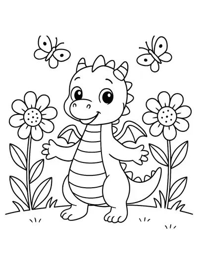 Coloring page showing a friendly dragon standing in a field of big flowers with butterflies flying around.