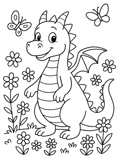 Gentle dragon in a spring garden with flowers and butterflies, suitable for elementary coloring.