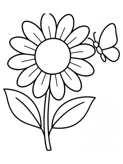 Simple spring flower with a butterfly coloring page for preschool kids.