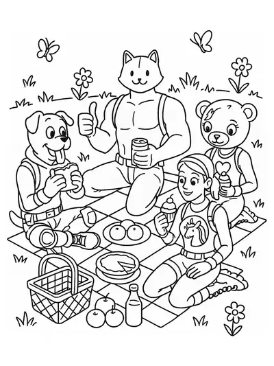 Fortnite characters sitting on a picnic blanket in a field with flowers and butterflies, easy coloring page.