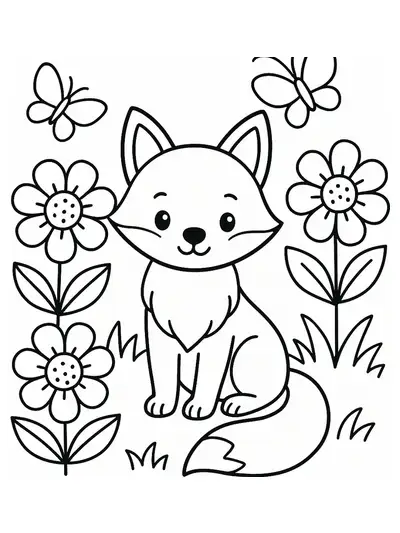 Easy coloring page with a fox in a meadow surrounded by flowers and butterflies.