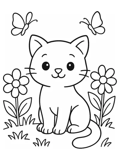 Easy outline of a kitty surrounded by large flowers and butterflies, perfect for preschool spring coloring.