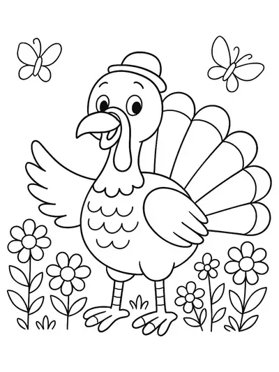 An easy coloring page showing a turkey standing in a garden with flowers and butterflies.