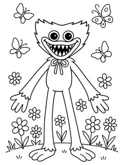 Poppy Playtime character Huggy Wuggy in a garden with flowers and butterflies, spring scene.