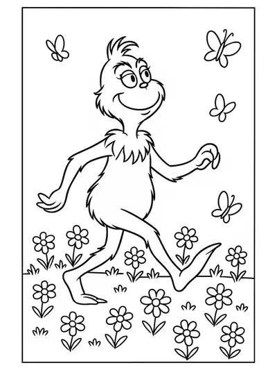 Easy coloring page of the Grinch walking in a field of flowers with butterflies flying around.
