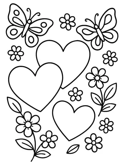 Hearts with butterflies and flowers for spring, easy coloring page.