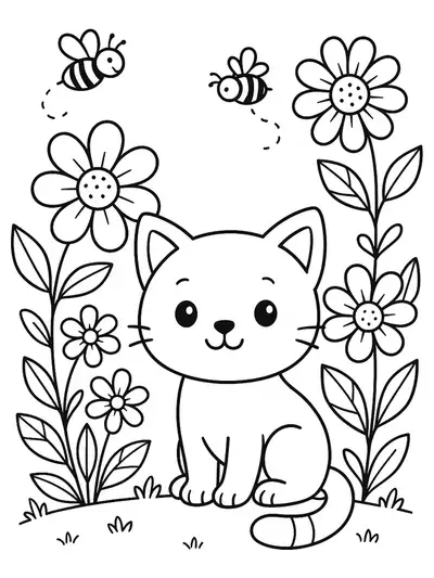 Easy spring coloring page of a kitty in a garden with large flowers and bees.
