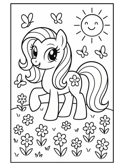 My Little Pony in a meadow with flowers and butterflies, easy coloring page for children