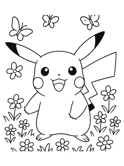Pikachu standing in a field of flowers and butterflies, easy coloring page for children.