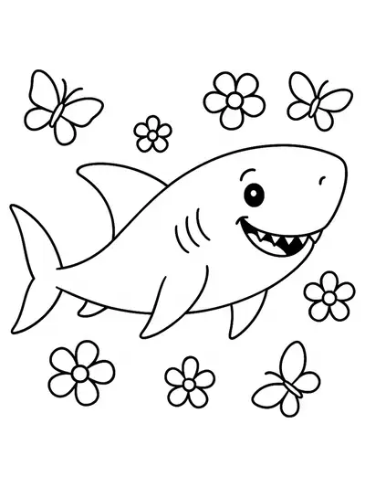 Line drawing of a happy shark swimming with flowers and butterflies around it.